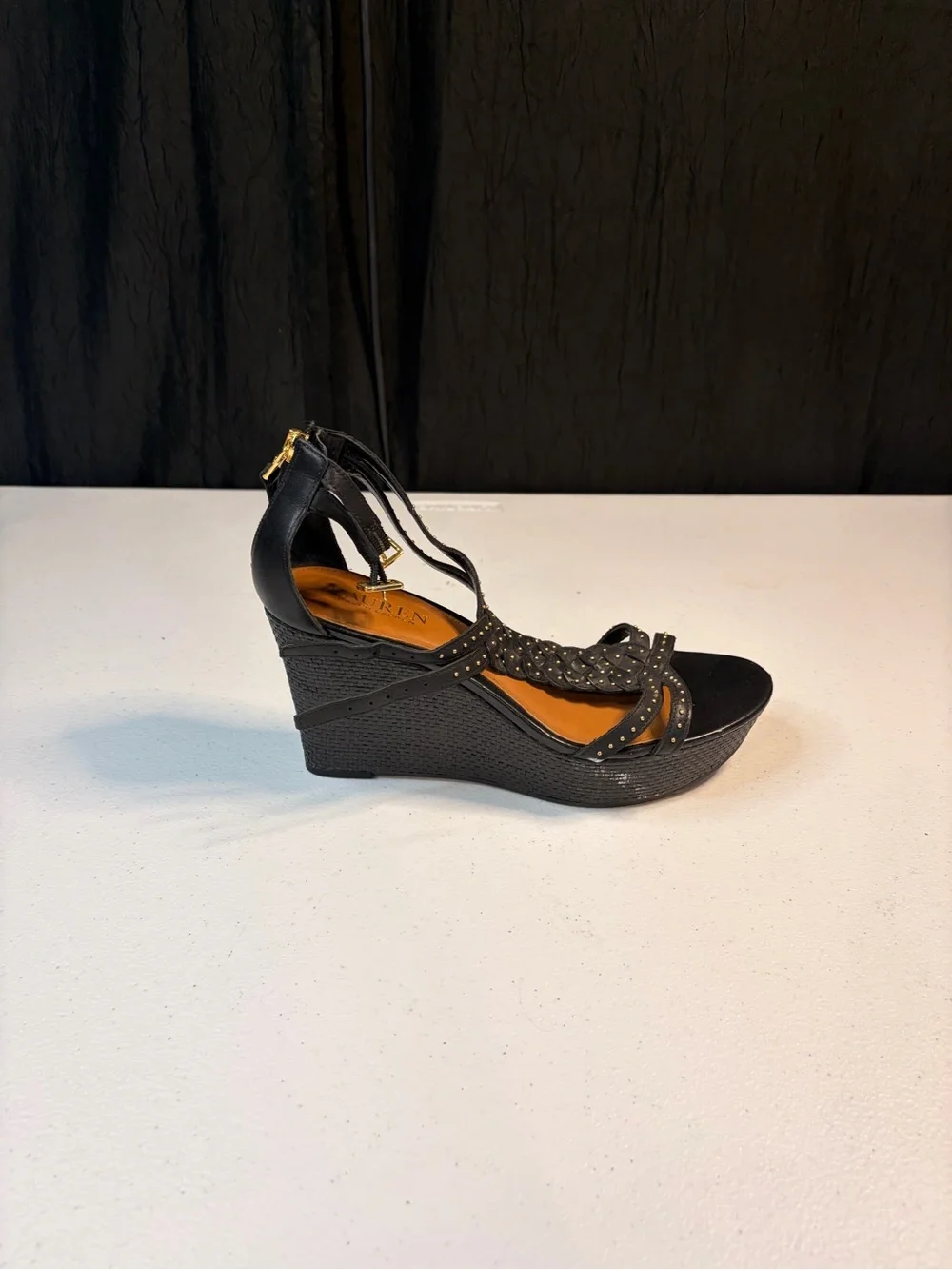 Lauren Ralph Lauren Quanta Black Leather Studded Wedge Sandals‎ 8.5B 11424 L15